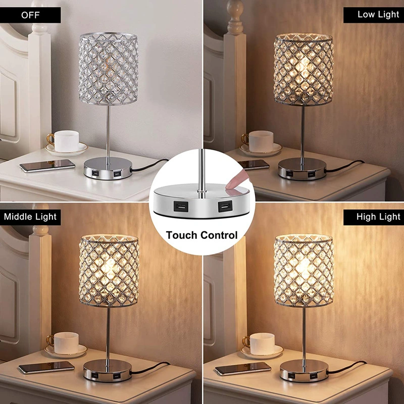 K9 Crystal Table Lamp Chrome Finish E27/E26 LED Bulb with Touch Dimmer, 2 USB Charge Port